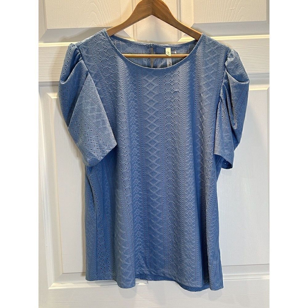 NY Collection Blue Eyelet Women's 1X Short Sleeve Top